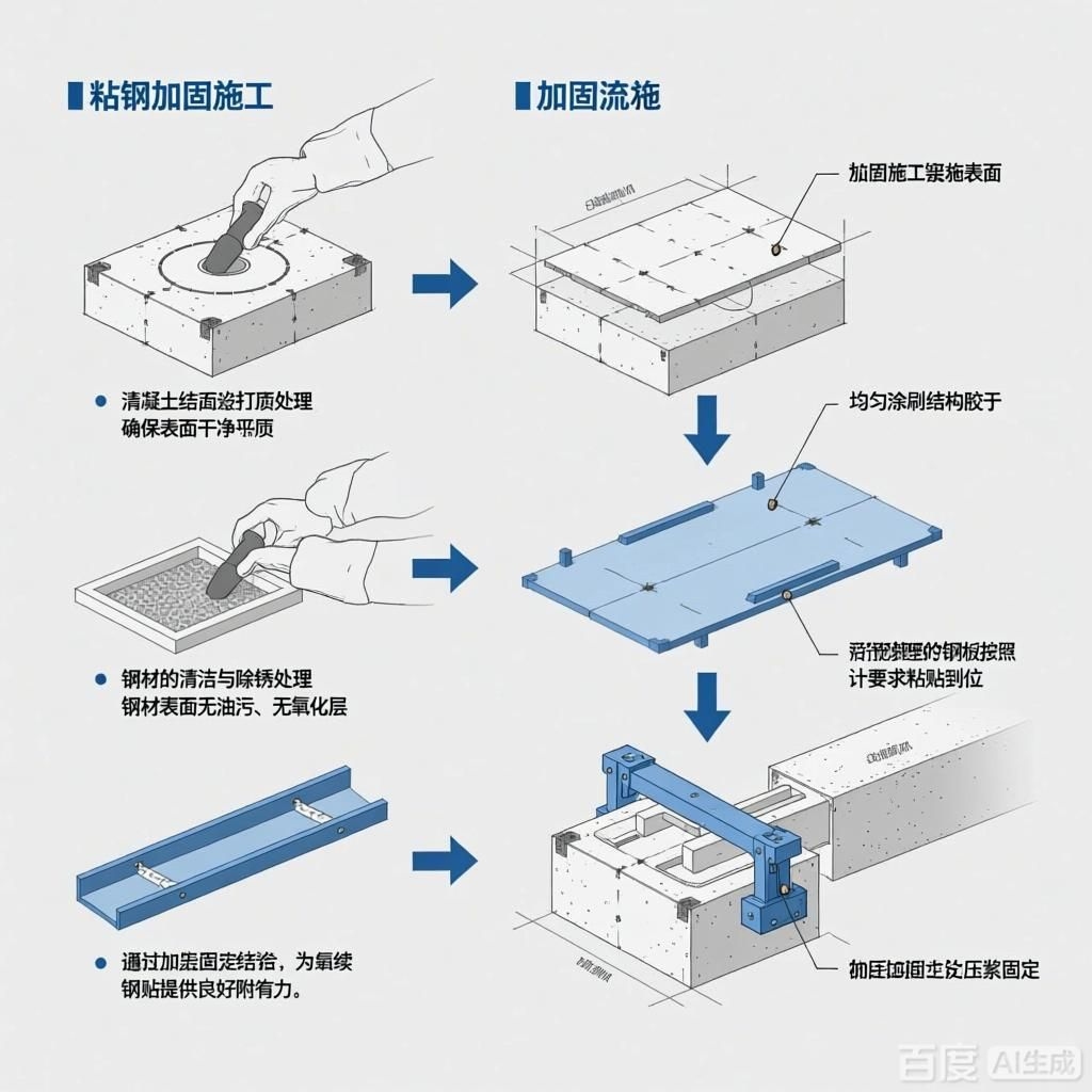 如何繪制粘鋼加固施工工藝流程圖？（如何繪制粘鋼加固施工工藝流程圖生成四張粘鋼加固施工工藝流程圖）